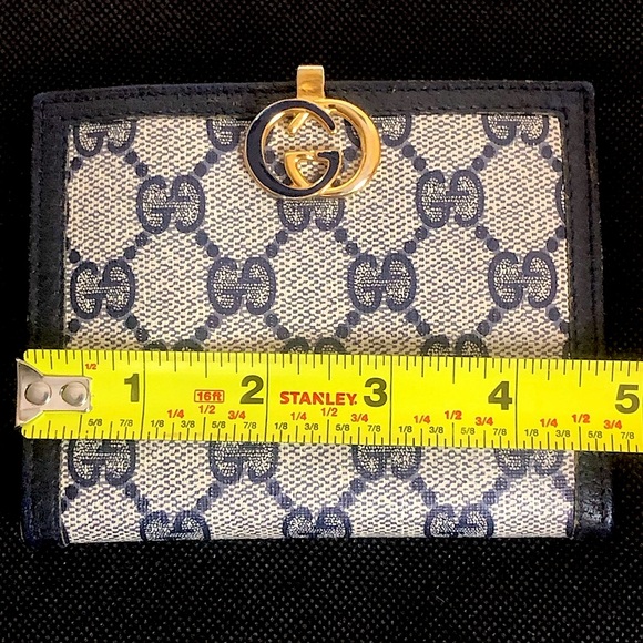 GUCCI GG Monogram Navy Blue Leather Coated Canvas Compact Bifold Wallet Vintage - Picture 11 of 17